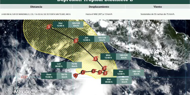 Depresión Tropical 17-E apunta a huracán categoría 3 frente a Guerrero; autoridades refuerzan vigilancia
